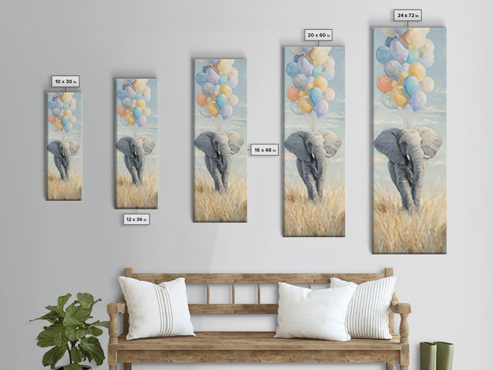 Elephant Holding Balloons Framed Canvas Print, Whimsical Art, Art Nouveau, Living Room Decor, Abstract Art, Wonder, WHI-1x3-15