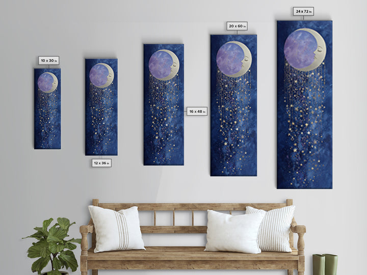 Moon with Sleeping Face and Dangling Stars Canvas Print, Whimsical Art, Art Print, Living Room Decor, Fine Art, Wonder, WHI-1x3-28