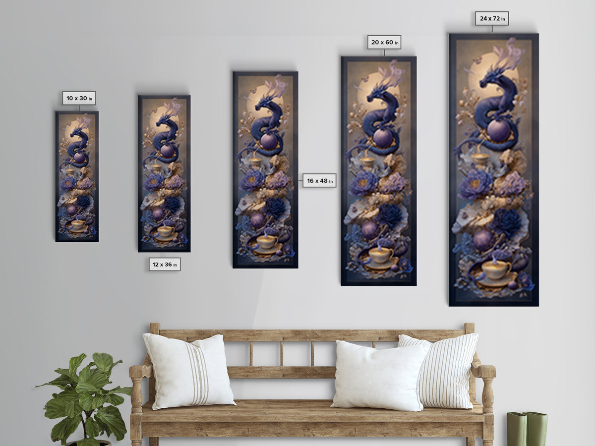 Dragon Curled Around a Teacup Framed Canvas Print, Whimsical Art, Pet Portrait, Living Room Decor, Wonder, Abstract Wall Art, WHI-1x3-36