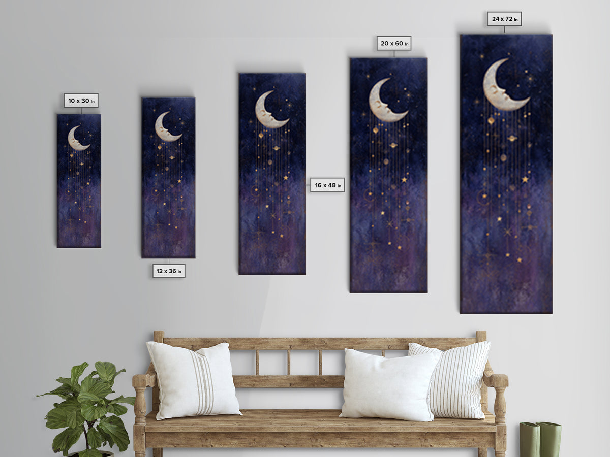 Moon with Sleeping Face and Dangling Stars Framed Canvas Print, Whimsical Art, Minimalist Decor, Living Room Decor, Wonder, WHI-1x3-4