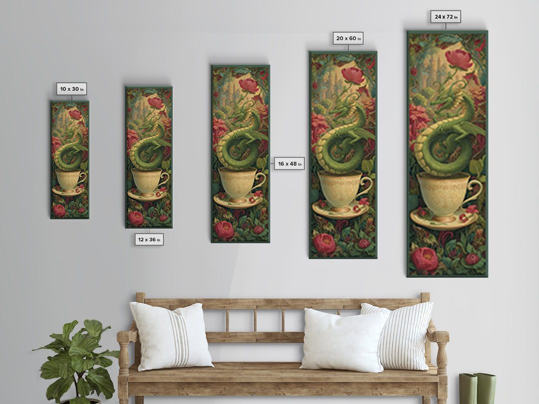 Dragon Curled Around a Teacup Canvas Print, Whimsical Art, Art Nouveau, Living Room Decor, Abstract Art, Wonder, WHI-1x3-60