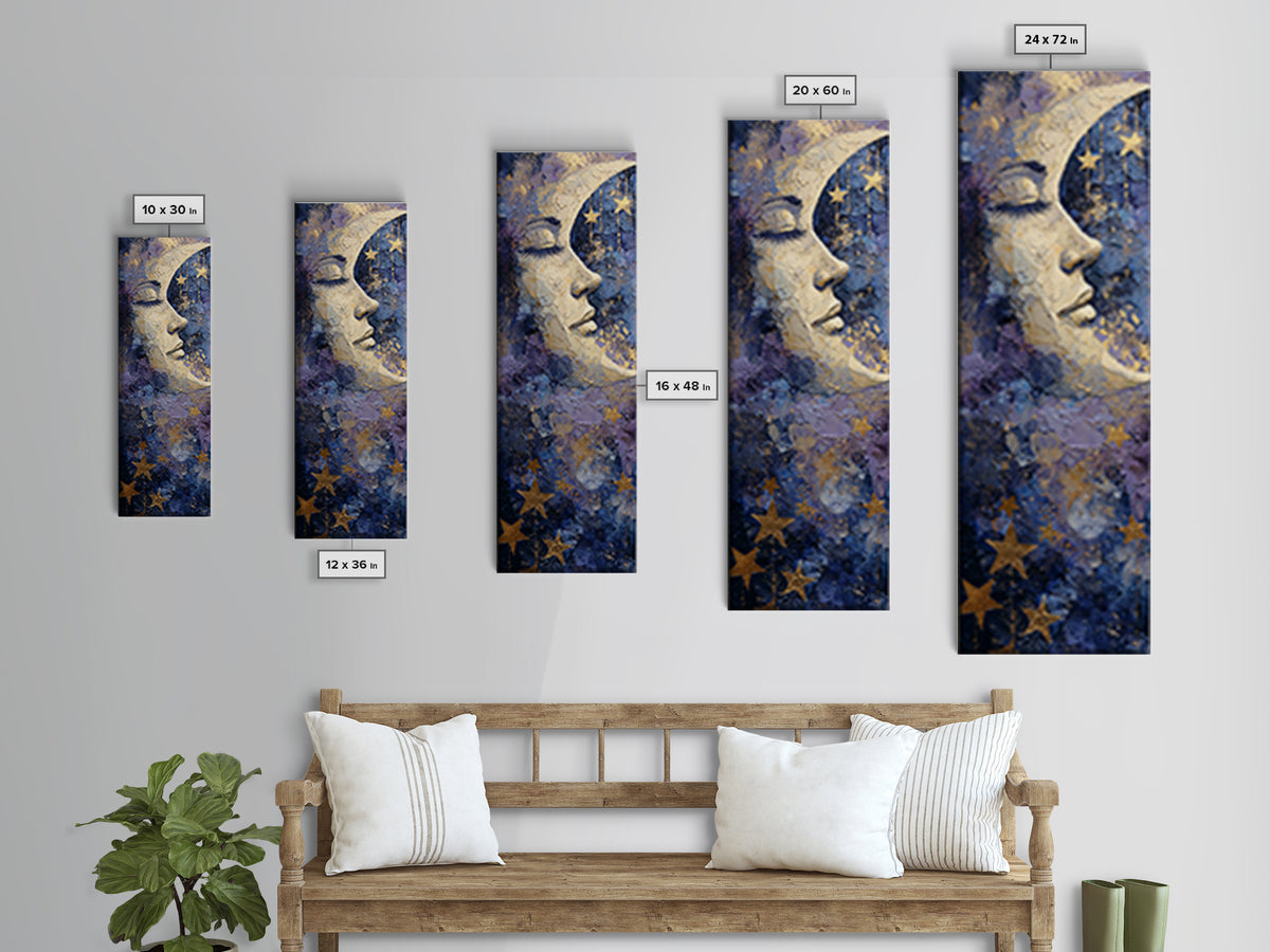 Moon with Sleeping Face and Dangling Stars Framed Canvas Print, Whimsical Art, Dopamine Decor, Living Room Decor, Wonder, WHI-1x3-76