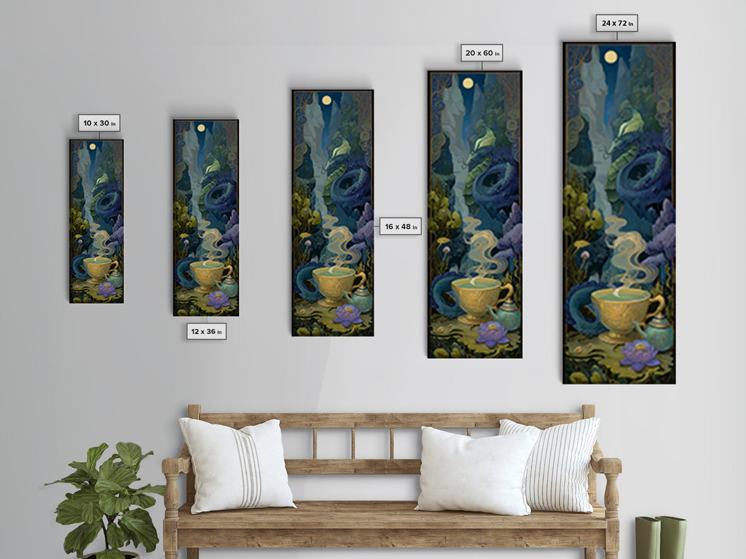 Dragon Curled Around a Teacup Framed Canvas Print, Whimsical Art, Nursery, Living Room Decor, Fine Art, Wonder, Watercolor Art, WHI-1x3-84