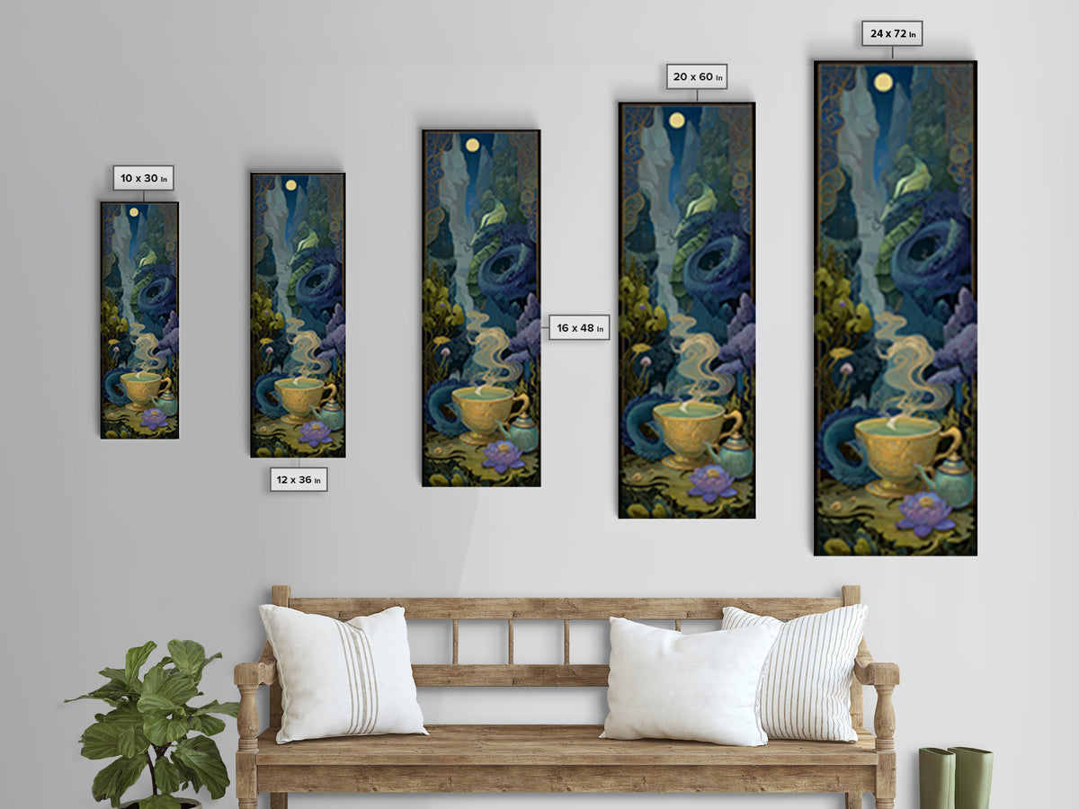 Dragon Curled Around a Teacup Framed Canvas Print, Whimsical Art, Nursery, Living Room Decor, Fine Art, Wonder, Watercolor Art, WHI-1x3-84