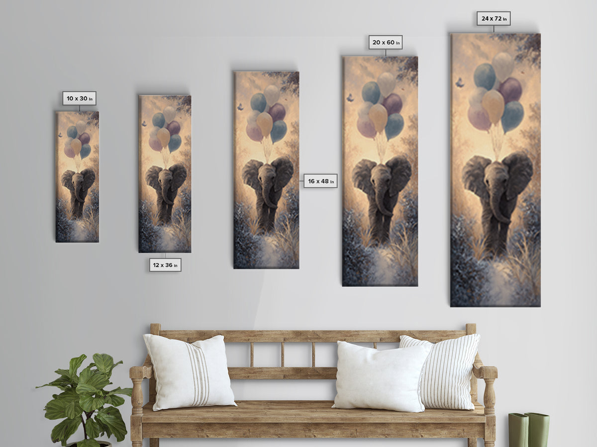 Elephant Holding Balloons Framed Canvas Print, Whimsical Art, Statement Artwork, Living Room Decor, Fine Art, Wonder, WHI-1x3-87