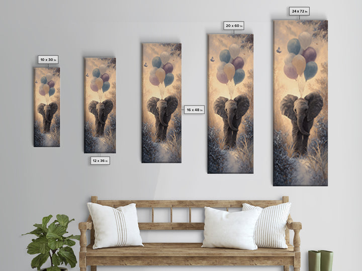 Elephant Holding Balloons Framed Canvas Print, Whimsical Art, Statement Artwork, Living Room Decor, Fine Art, Wonder, WHI-1x3-87