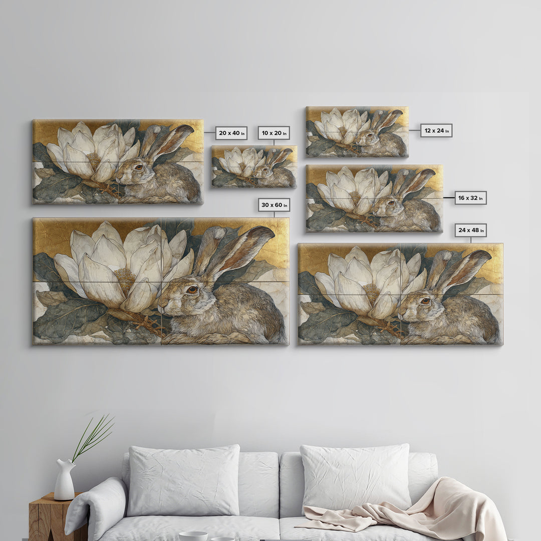 Rabbit Reading Beneath a Giant Flower Framed Canvas Print, Whimsical Art, Oil Painting, Living Room Decor, Wonder, WHI-2x1-1
