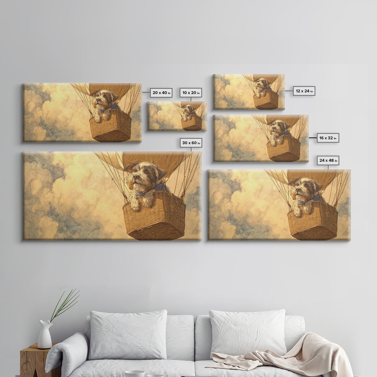 Dog in a Hot Air Balloon Framed Canvas Print, Whimsical Art, Contemporary Art, Living Room Decor, Fine Art, Wonder, Art Nouveau, WHI-2x1-10