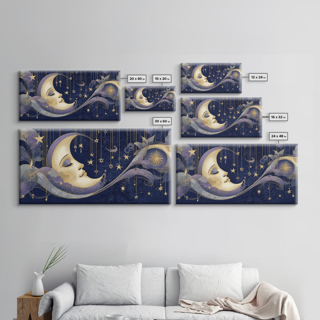 Moon with Sleeping Face and Dangling Stars Framed Canvas Print, Whimsical Art, Room Decor, Living Room Decor, Oil Painting, WHI-2x1-12