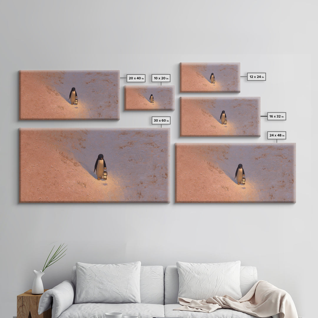 Penguin Holding a Lantern Framed Canvas Print, Whimsical Art, Digital Art, Living Room Decor, Fine Art, Wonder, Nursery, WHI-2x1-13
