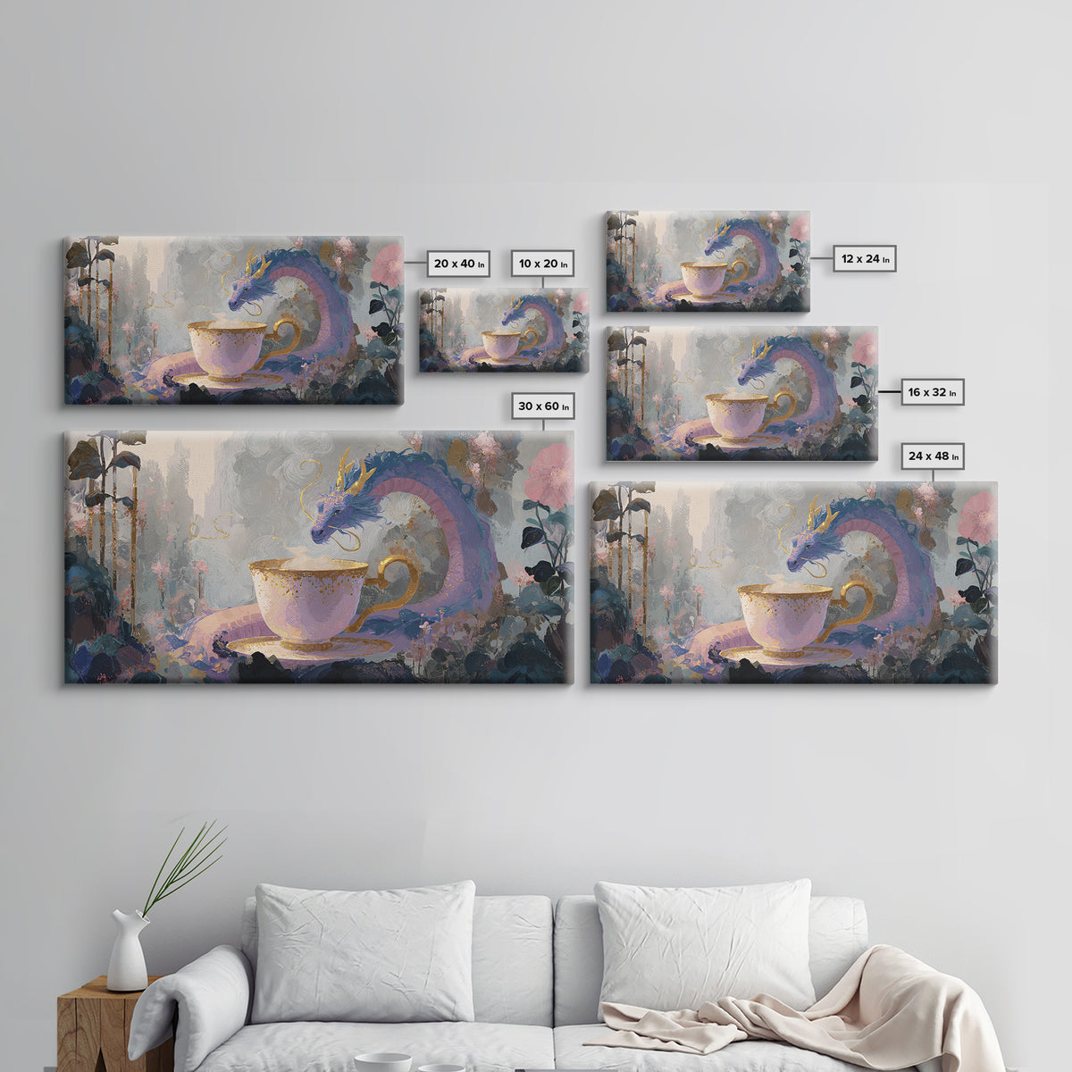 Dragon Curled Around a Teacup Framed Canvas Print, Whimsical Art, Statement Artwork, Living Room Decor, Fine Art, Wonder, WHI-2x1-20