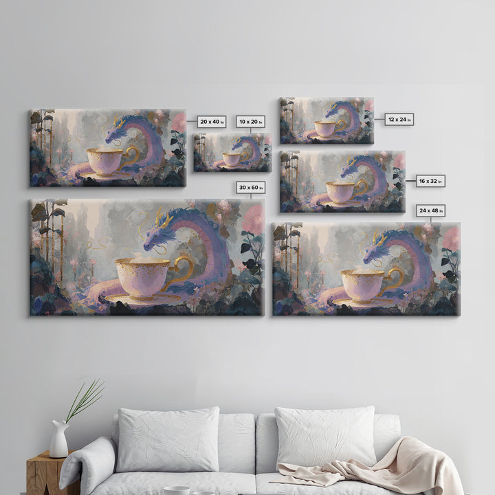 Dragon Curled Around a Teacup Framed Canvas Print, Whimsical Art, Statement Artwork, Living Room Decor, Fine Art, Wonder, WHI-2x1-20