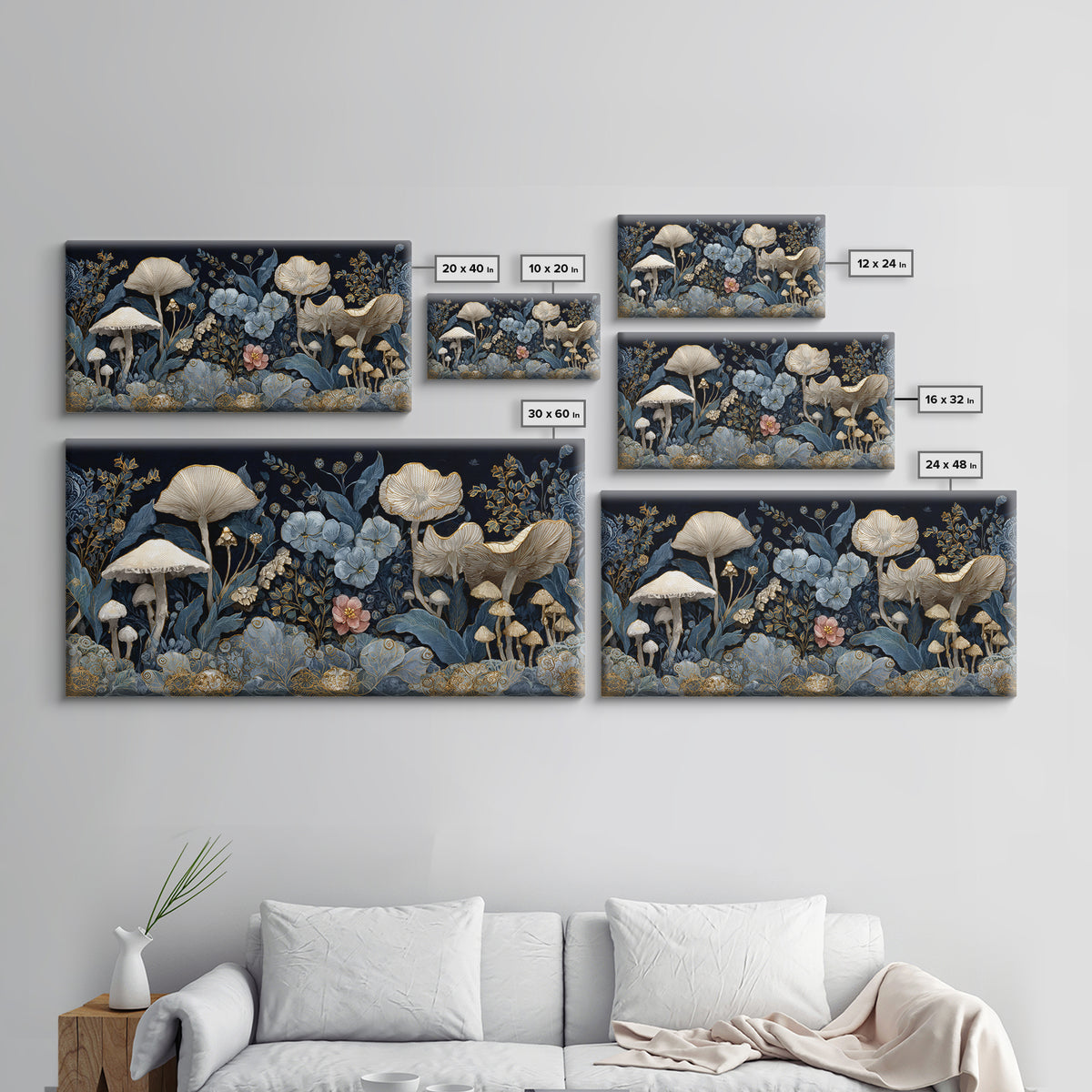 Teacup Garden with Tiny Mushrooms Framed Canvas Print, Whimsical Art, Minimalist Decor, Living Room Decor, Oil Painting, Wonder, WHI-2x1-24