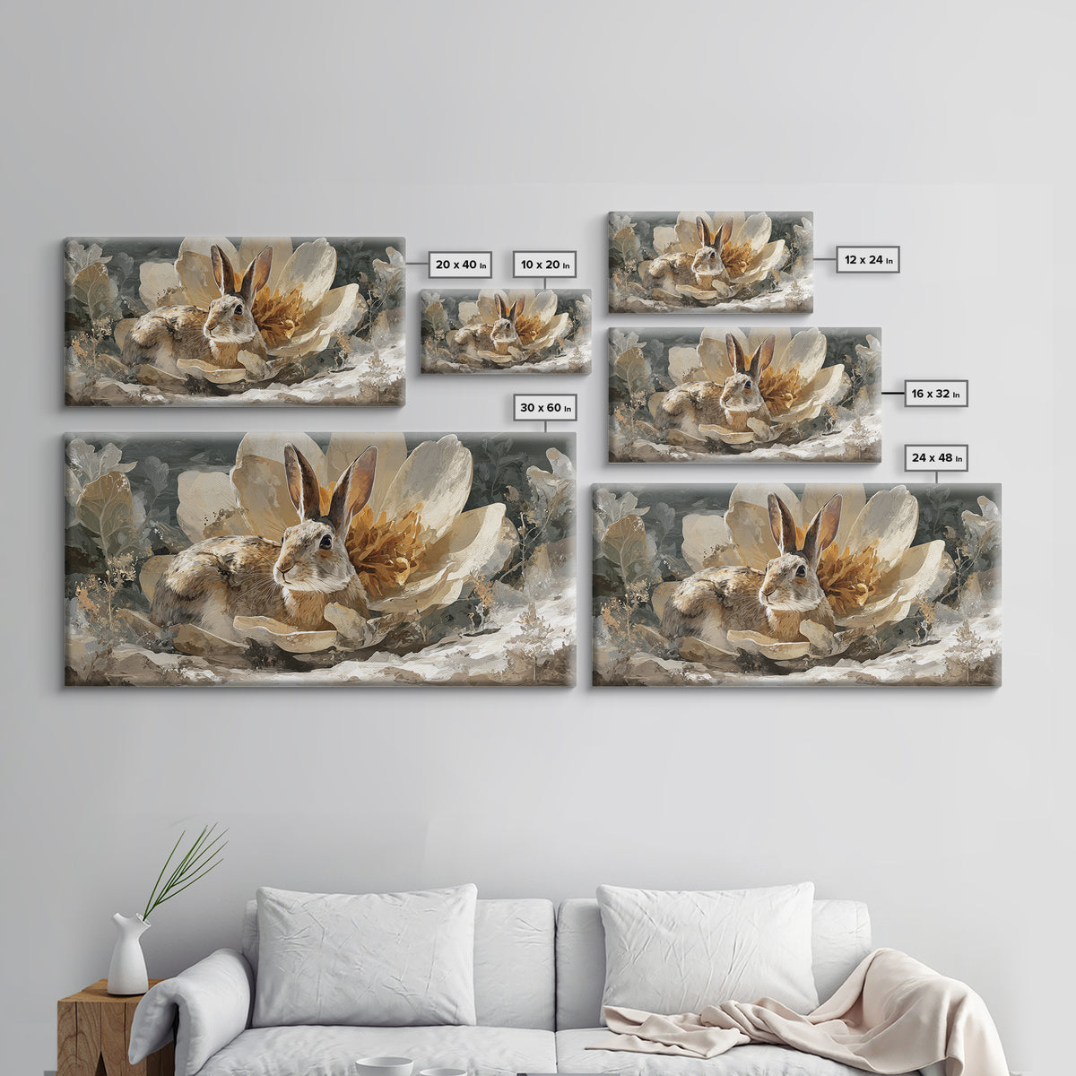 Rabbit Reading Beneath a Giant Flower Framed Canvas Print, Whimsical Art, Oil Painting, Living Room Decor, Wonder, WHI-2x1-25