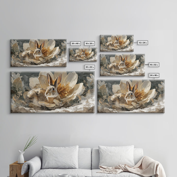 Rabbit Reading Beneath a Giant Flower Framed Canvas Print, Whimsical Art, Oil Painting, Living Room Decor, Wonder, WHI-2x1-25