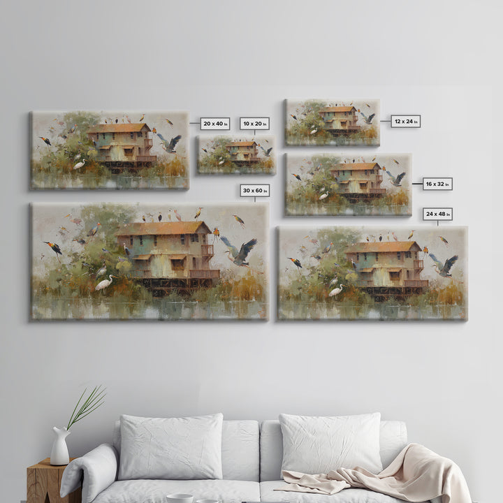 Floating House Carried by Colorful Birds Framed Canvas Print, Whimsical Art, Framed Wall Art, Living Room Decor, Wonder, WHI-2x1-3