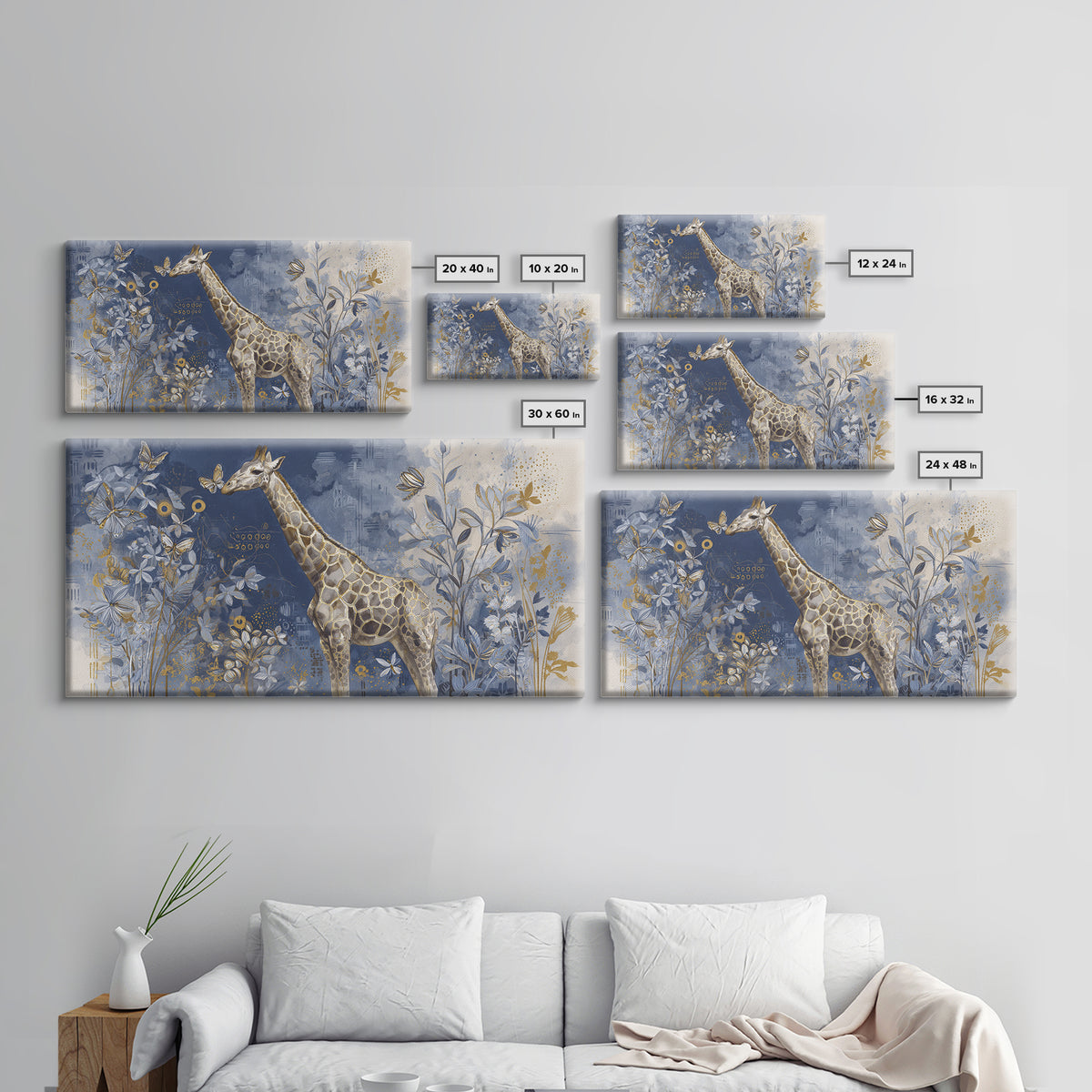 Giraffe with Scarf and Butterflies Framed Canvas Print, Whimsical Art, Minimalist Decor, Living Room Decor, Fine Art, Wonder, WHI-2x1-30