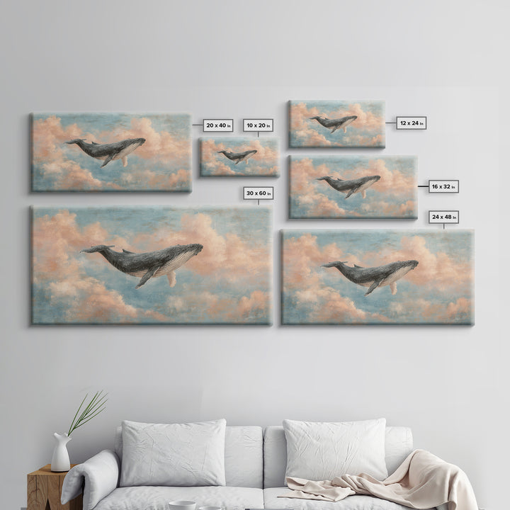 Whale Flying Through Clouds Like Ocean Framed Canvas Print, Whimsical Art, Art Print, Living Room Decor, Fine Art, Wonder, WHI-2x1-33