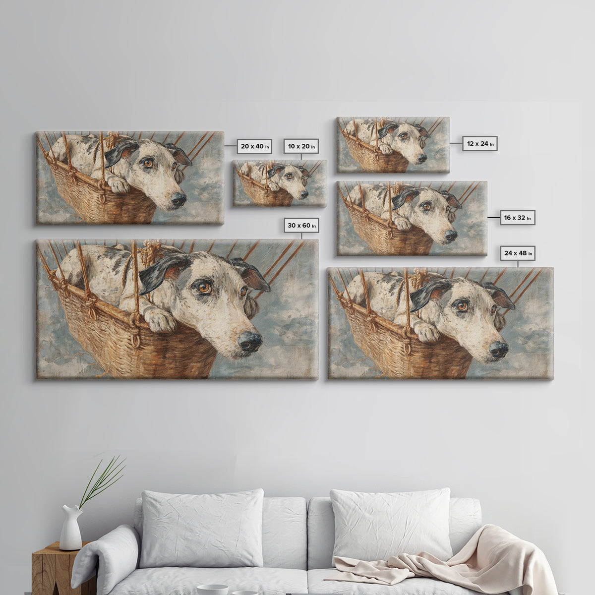 Dog in a Hot Air Balloon Framed Canvas Print, Whimsical Art, Contemporary Art, Living Room Decor, Fine Art, Wonder, Art Nouveau, WHI-2x1-34