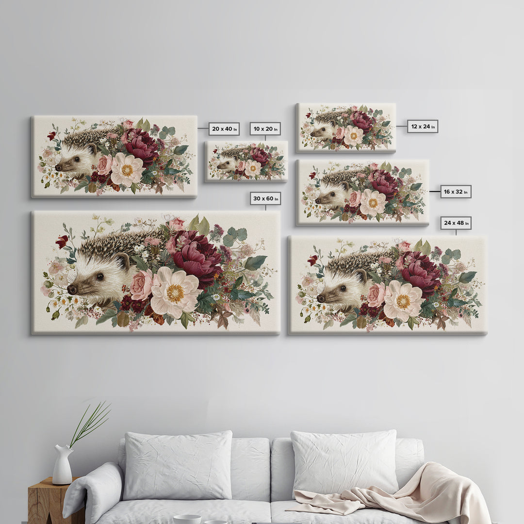 Hedgehog Carrying Wildflowers Framed Canvas Print, Whimsical Art, Wall Art, Living Room Decor, Watercolor Art, Wonder, WHI-2x1-35