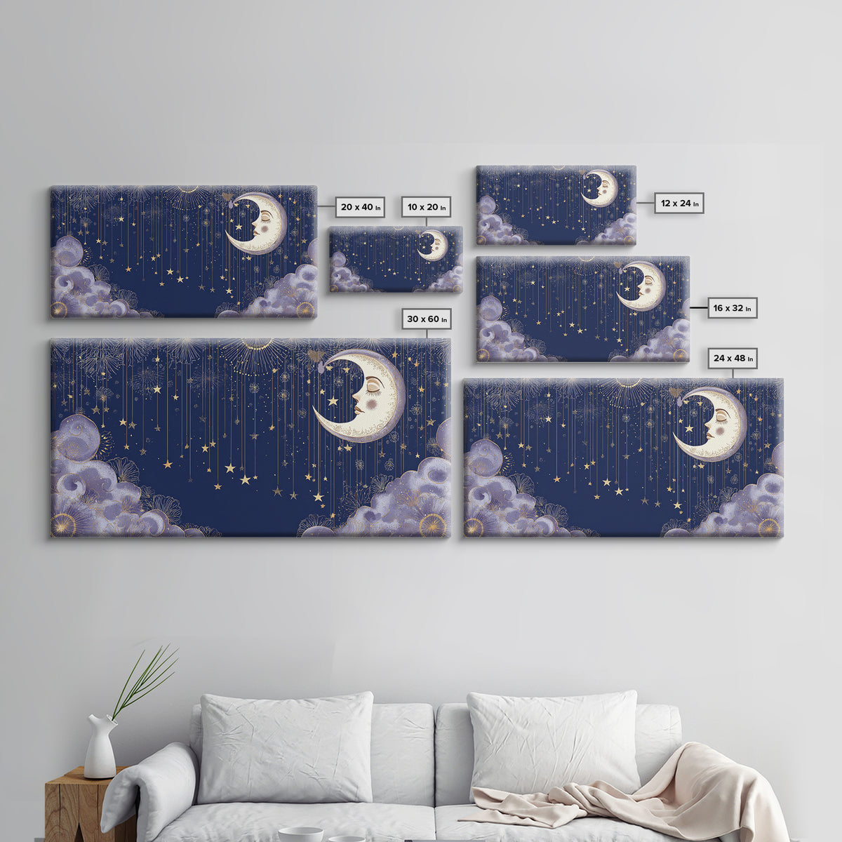 Moon with Sleeping Face and Dangling Stars Canvas Print, Whimsical Art, Home Decor, Living Room Decor, Fine Art, Wonder, WHI-2x1-36