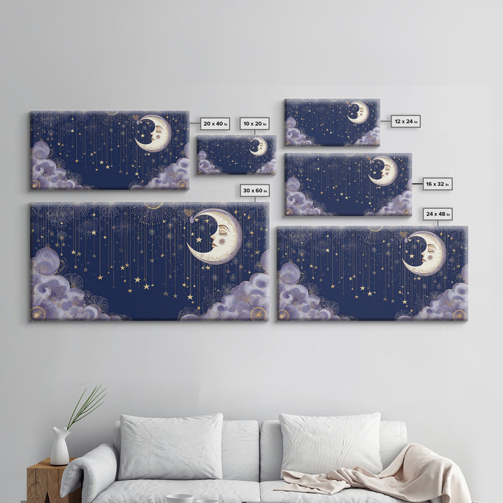 Moon with Sleeping Face and Dangling Stars Canvas Print, Whimsical Art, Home Decor, Living Room Decor, Fine Art, Wonder, WHI-2x1-36