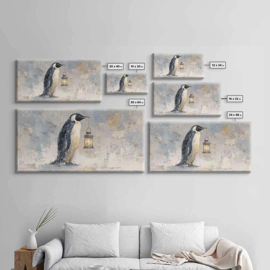 Penguin Holding a Lantern Framed Canvas Print, Whimsical Art, Digital Art, Living Room Decor, Fine Art, Wonder, Nursery, WHI-2x1-37