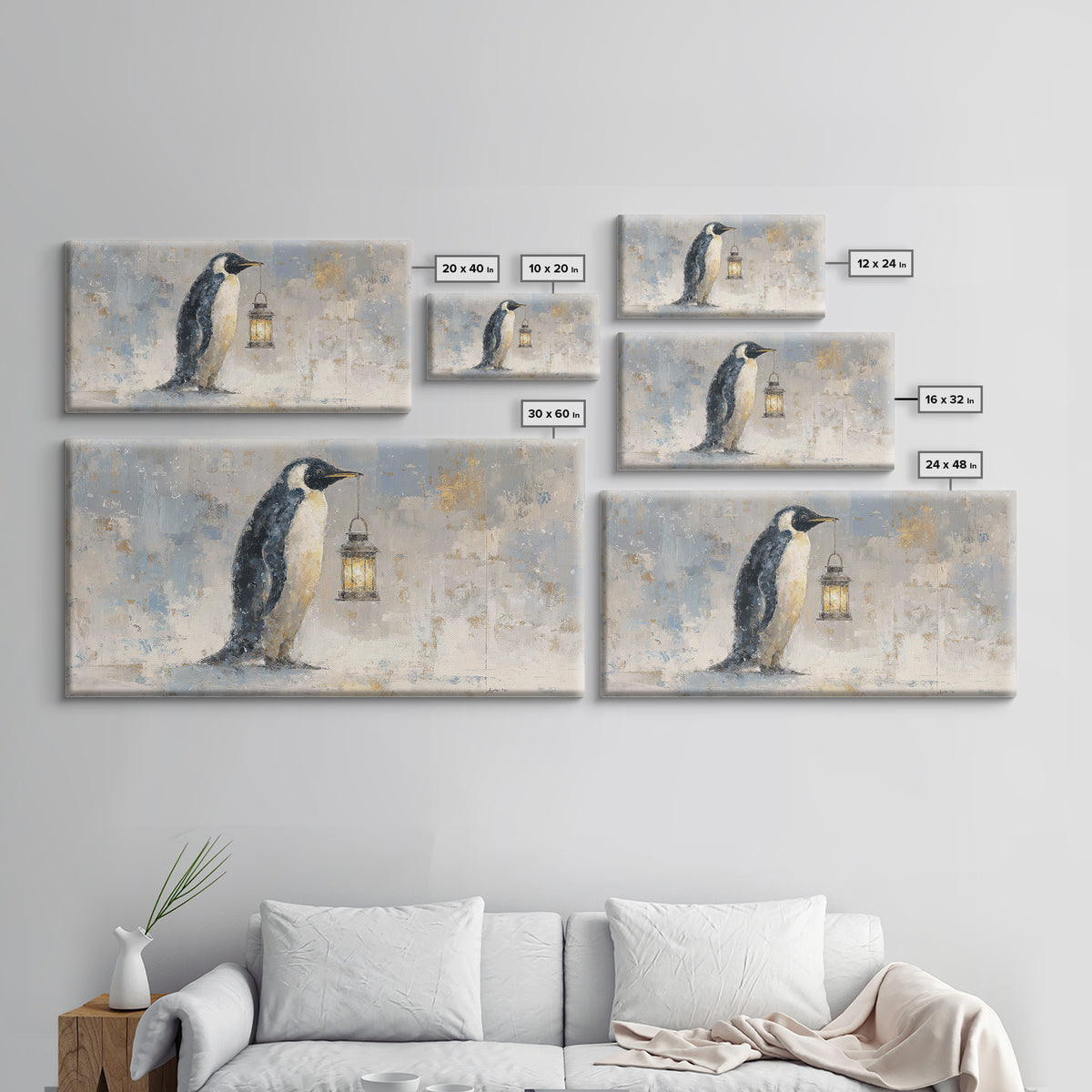 Penguin Holding a Lantern Framed Canvas Print, Whimsical Art, Digital Art, Living Room Decor, Fine Art, Wonder, Nursery, WHI-2x1-37