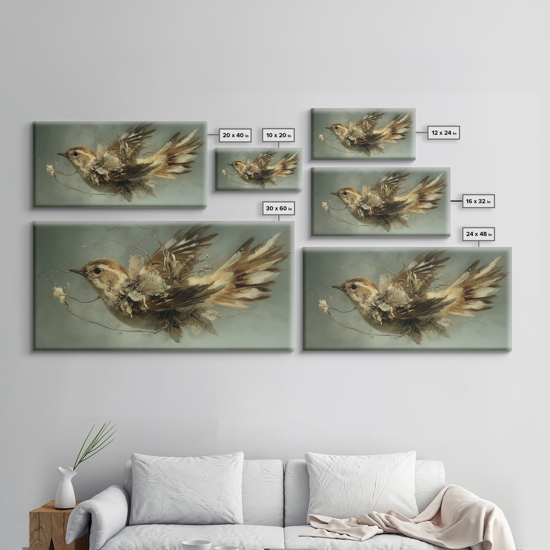 Bird Delivering a Tiny Love Letter Framed Canvas Print, Whimsical Art, Oil Painting, Living Room Decor, Fine Art, Wonder, WHI-2x1-43