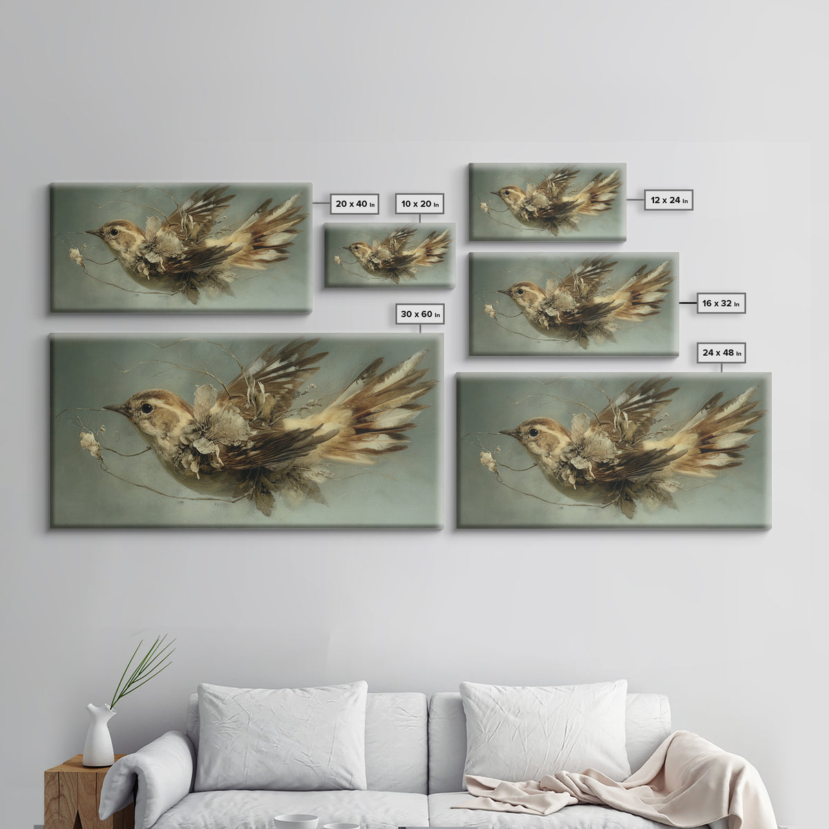 Bird Delivering a Tiny Love Letter Framed Canvas Print, Whimsical Art, Oil Painting, Living Room Decor, Fine Art, Wonder, WHI-2x1-43