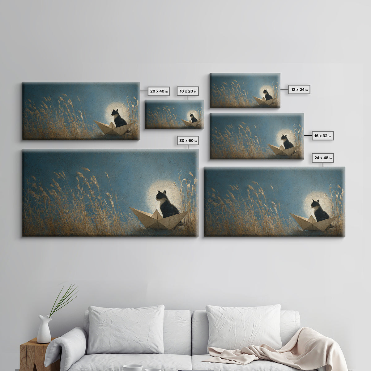 Cat Sailing a Paper Boat Framed Canvas Print, Whimsical Art, Wall Decor, Living Room Decor, Fine Art, Wonder, Printable Art, WHI-2x1-46