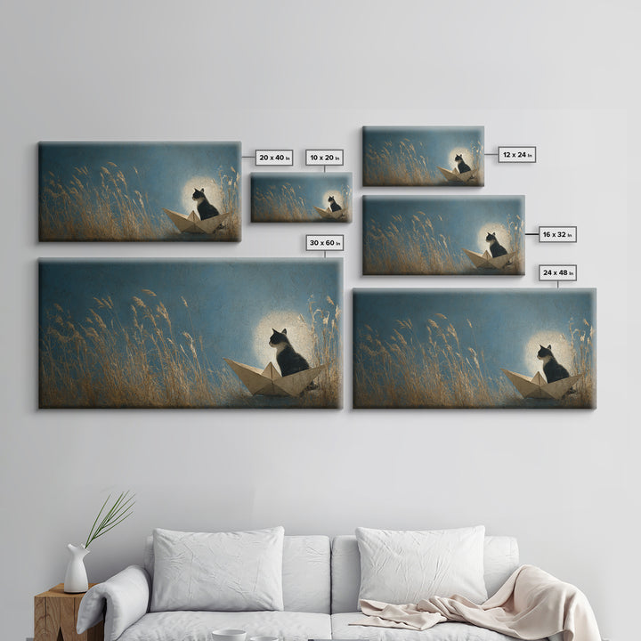 Cat Sailing a Paper Boat Framed Canvas Print, Whimsical Art, Wall Decor, Living Room Decor, Fine Art, Wonder, Printable Art, WHI-2x1-46