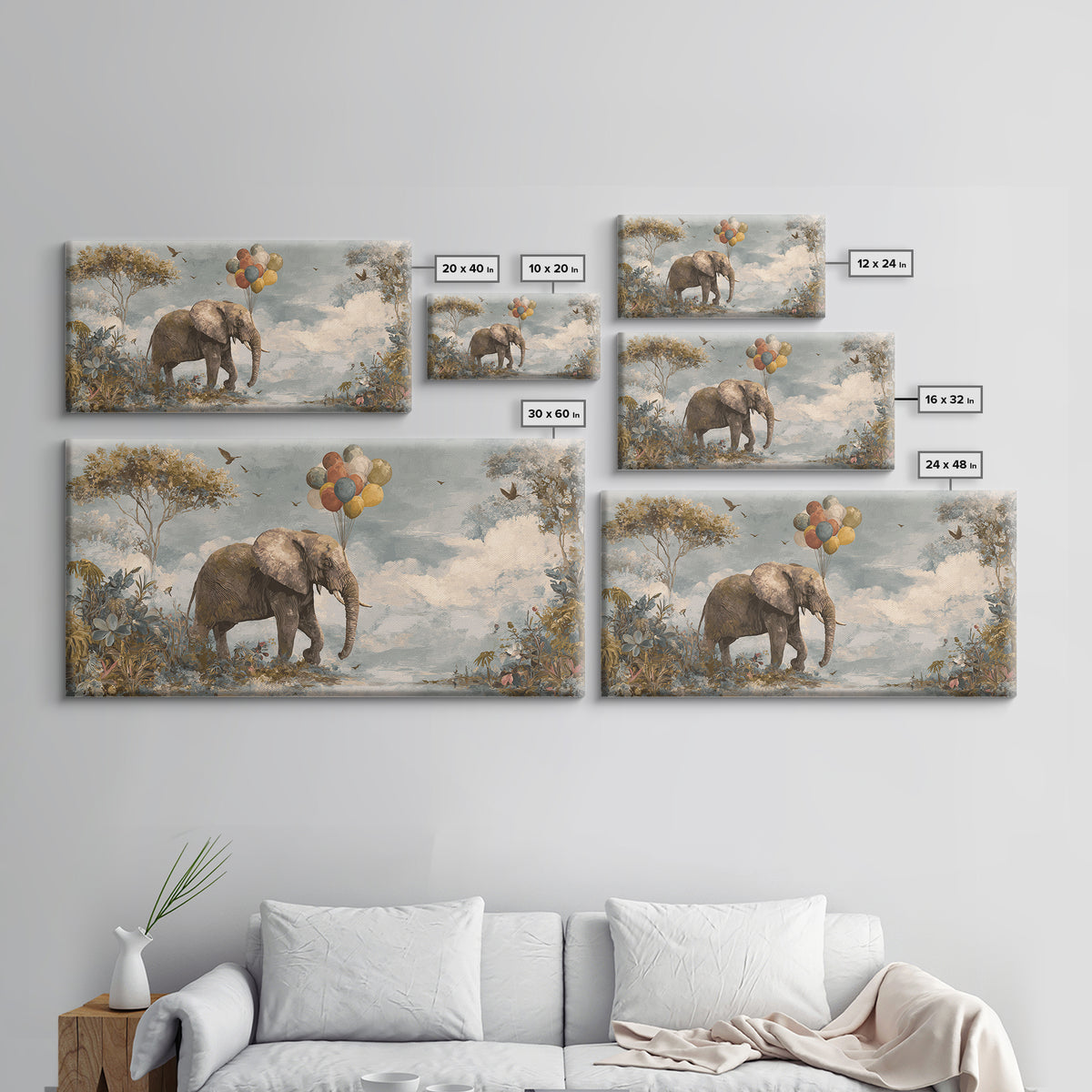 Elephant Holding Balloons Canvas Print, Whimsical Art, Whimsical, Living Room Decor, Oil Painting, Wonder, Nursery Art, WHI-2x1-47