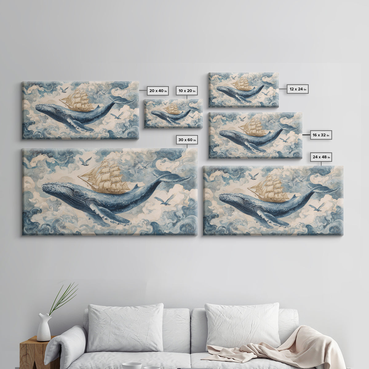 Whale Flying Through Clouds Like Ocean Canvas Print, Whimsical Art, Original Art, Living Room Decor, Fine Art, Wonder, WHI-2x1-57
