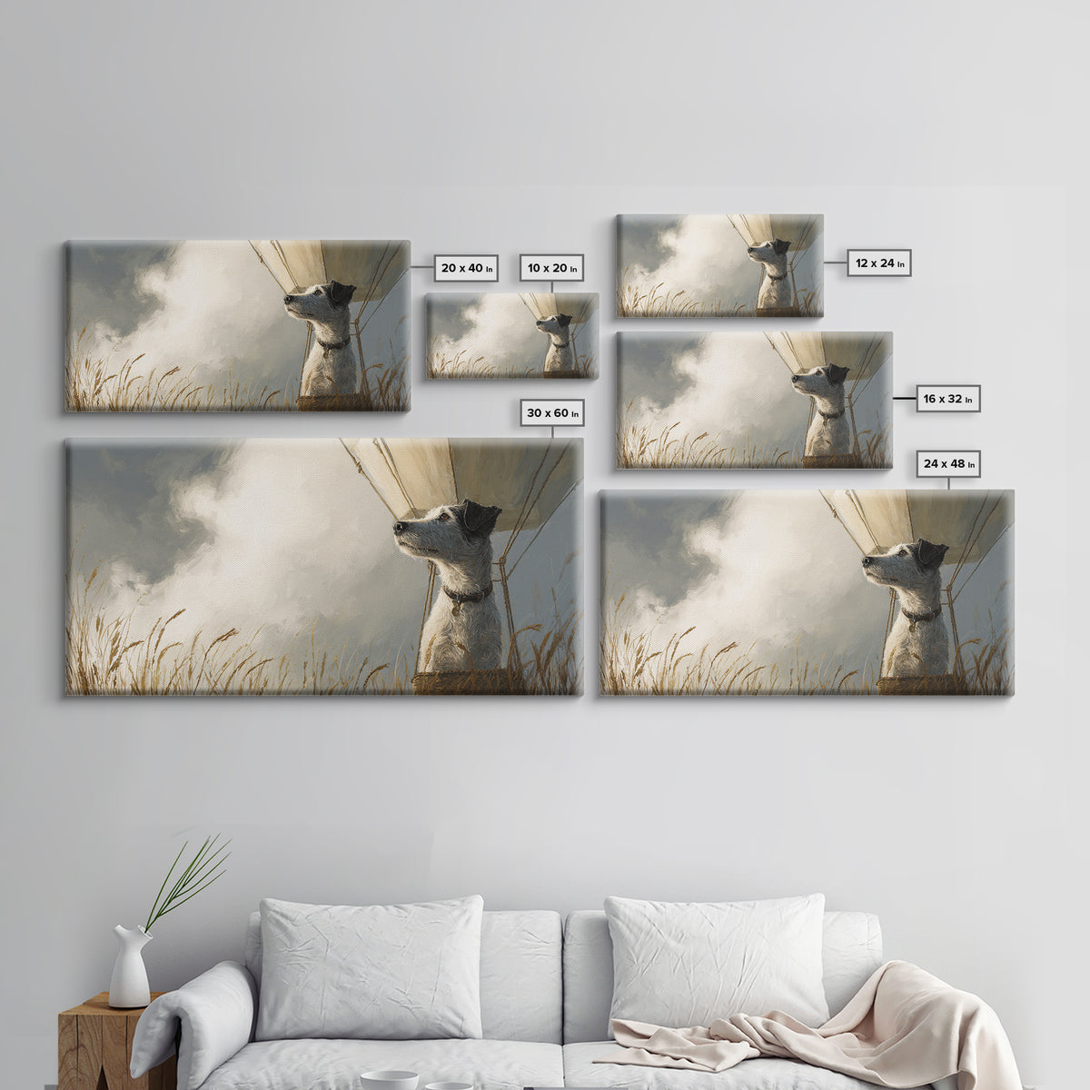 Dog in a Hot Air Balloon Canvas Print, Whimsical Art, Digital Art, Living Room Decor, Wonder, Nursery, Abstract Wall Art, WHI-2x1-58