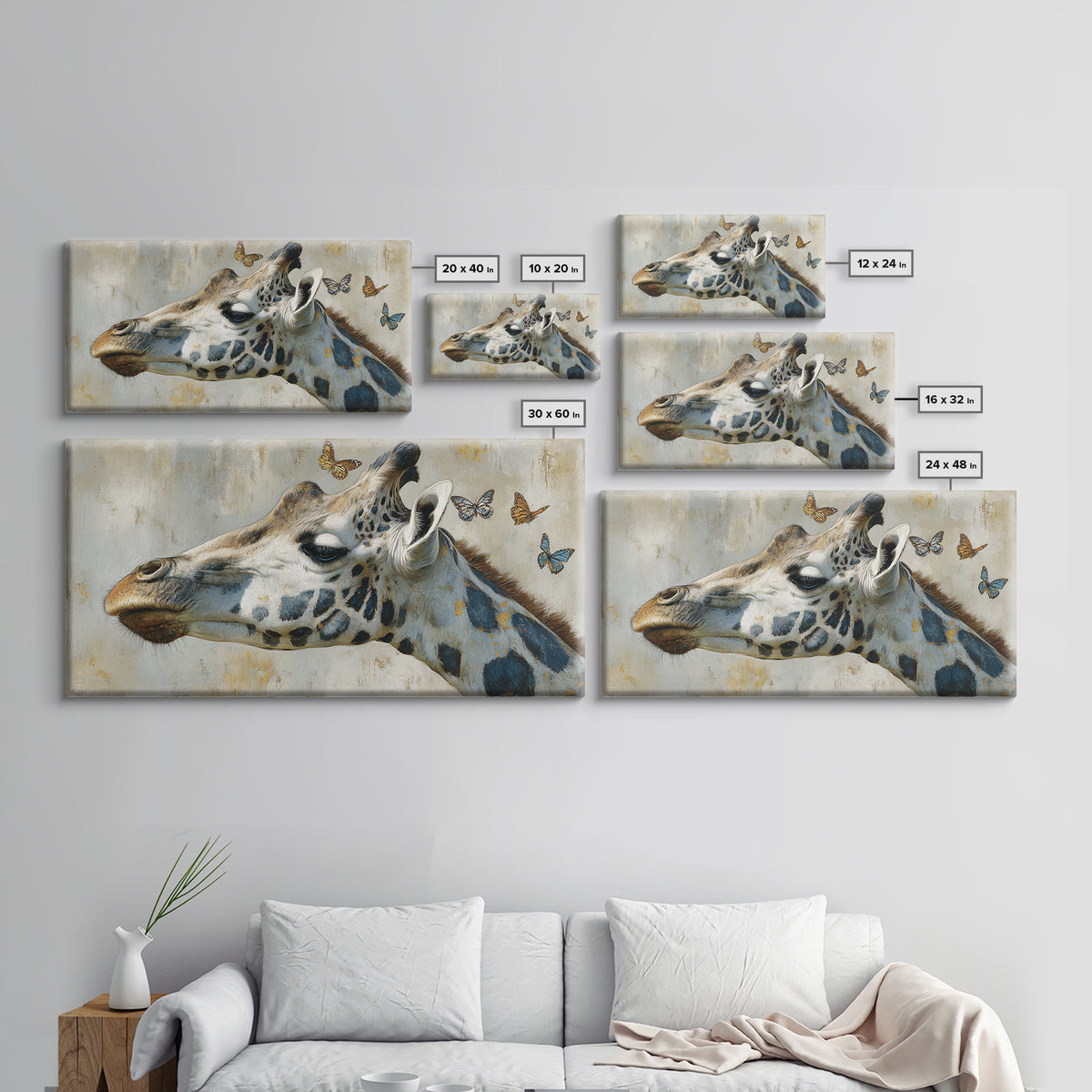 Giraffe with Scarf and Butterflies Framed Canvas Print, Whimsical Art, Minimalist Decor, Living Room Decor, Fine Art, Wonder, WHI-2x1-6