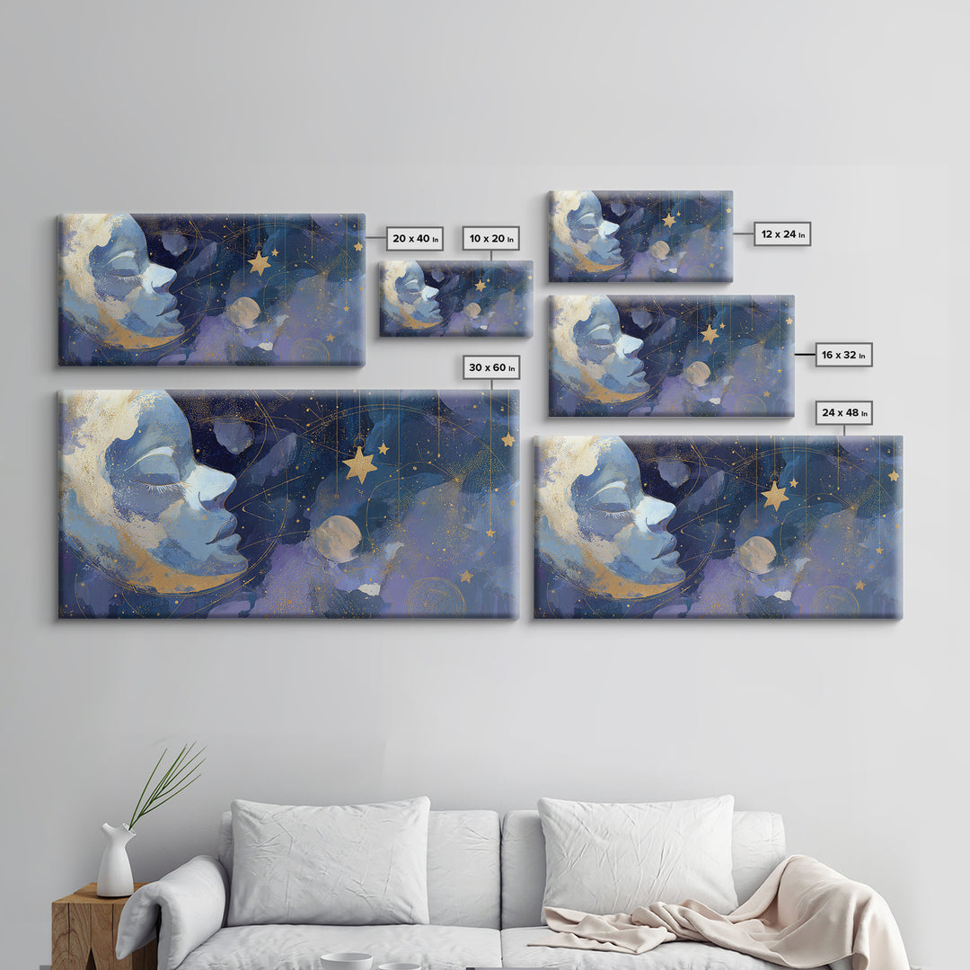 Moon with Sleeping Face and Dangling Stars Framed Canvas Print, Whimsical Art, Printable Wall Art, Living Room Decor, Wonder, WHI-2x1-60