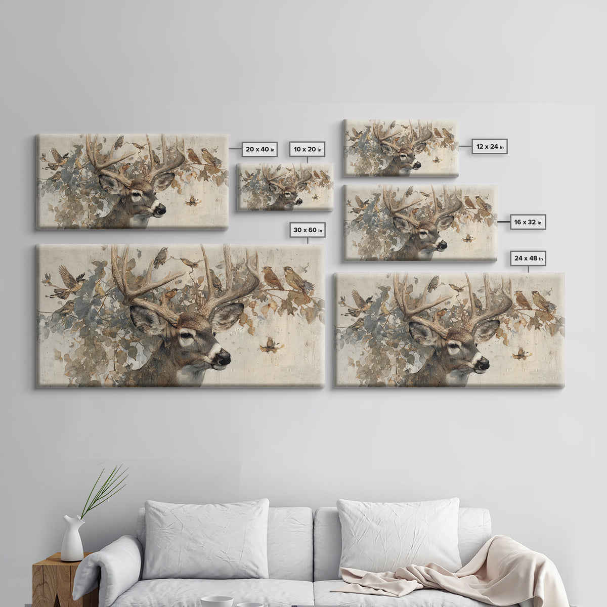 Deer with Antlers Full of Birds Canvas Print, Whimsical Art, Living Room Decor, Fine Art, Wonder, Gallery Decor, Neutral Decor, WHI-2x1-63
