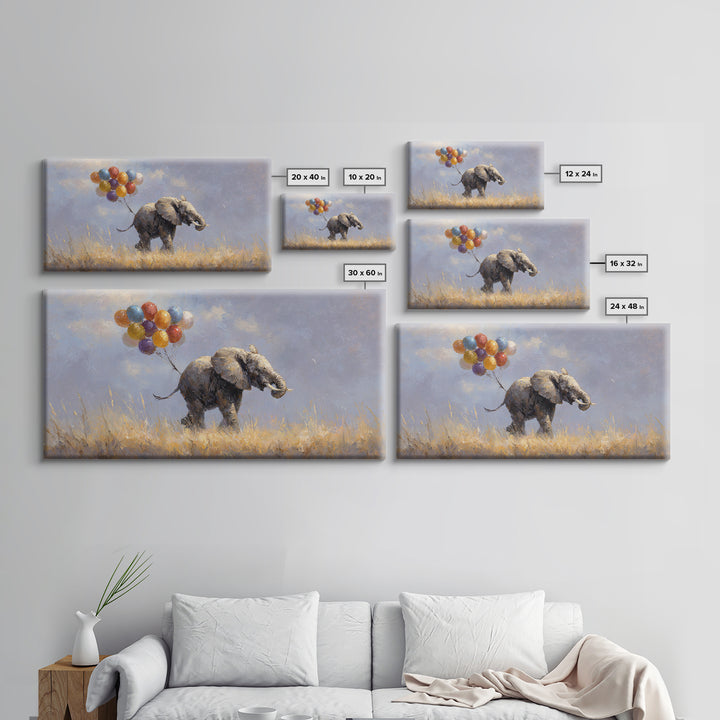 Elephant Holding Balloons Canvas Print, Whimsical Art, Bird Art, Living Room Decor, Abstract Art, Wonder, Textured Painting, WHI-2x1-71