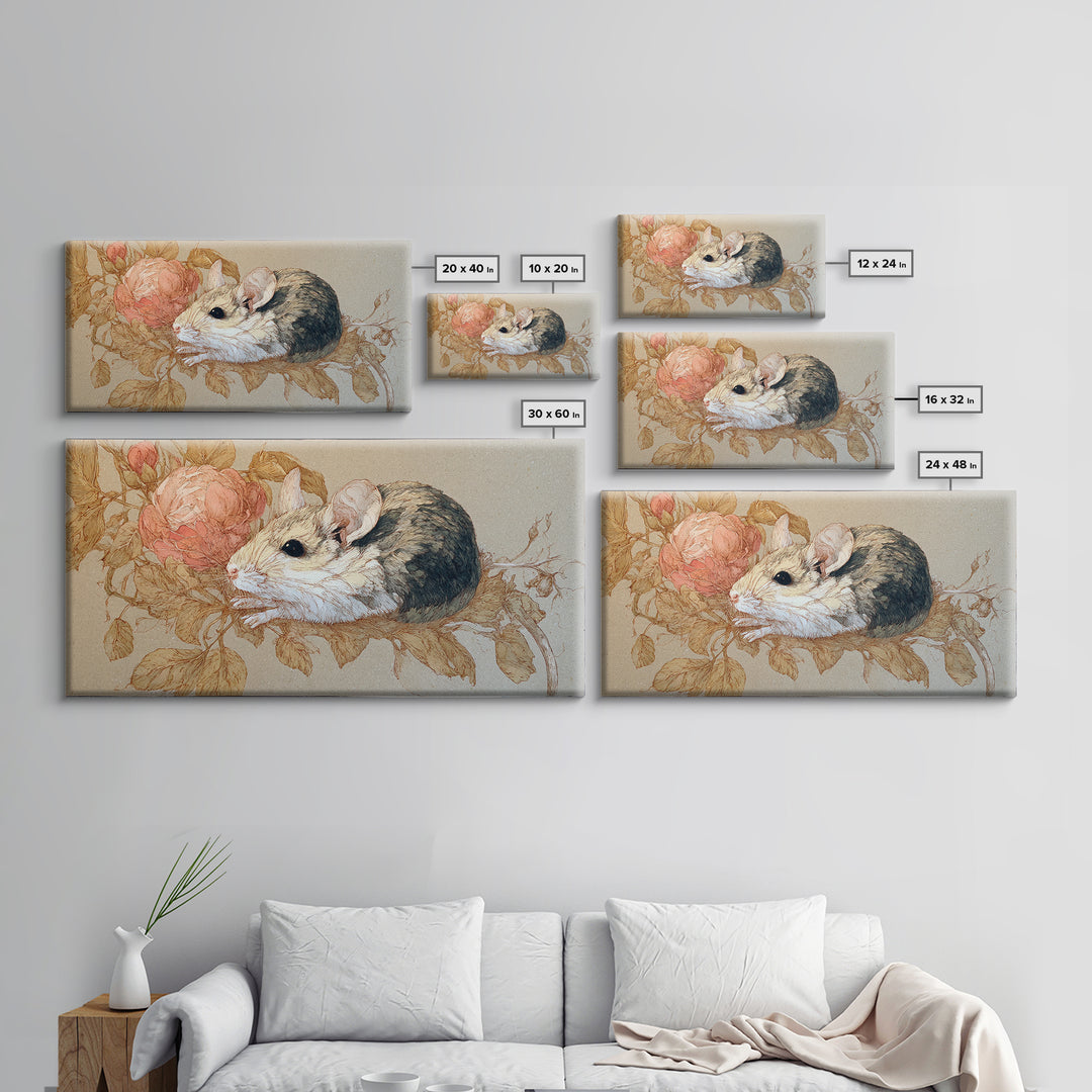 Mouse Ballerina in a Rose Garden Framed Canvas Print, Whimsical Art, Cat Art, Living Room Decor, Watercolor Art, Wonder, WHI-2x1-79