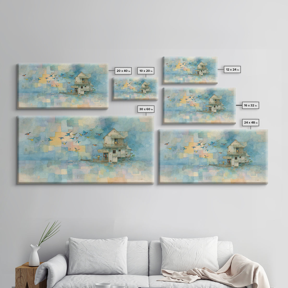 Whale Flying Through Clouds Like Ocean Framed Canvas Print, Whimsical Art, Printable Art, Living Room Decor, Watercolor Art, WHI-2x1-81