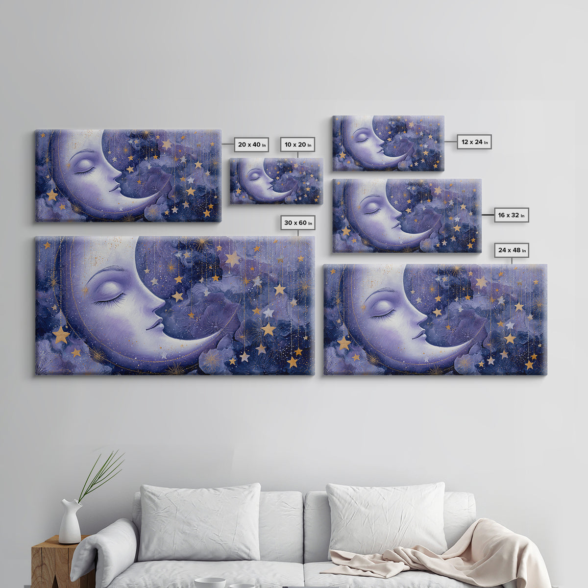 Moon with Sleeping Face and Dangling Stars Framed Canvas Print, Whimsical Art, Living Room Decor, Wonder, Gallery Decor, WHI-2x1-84
