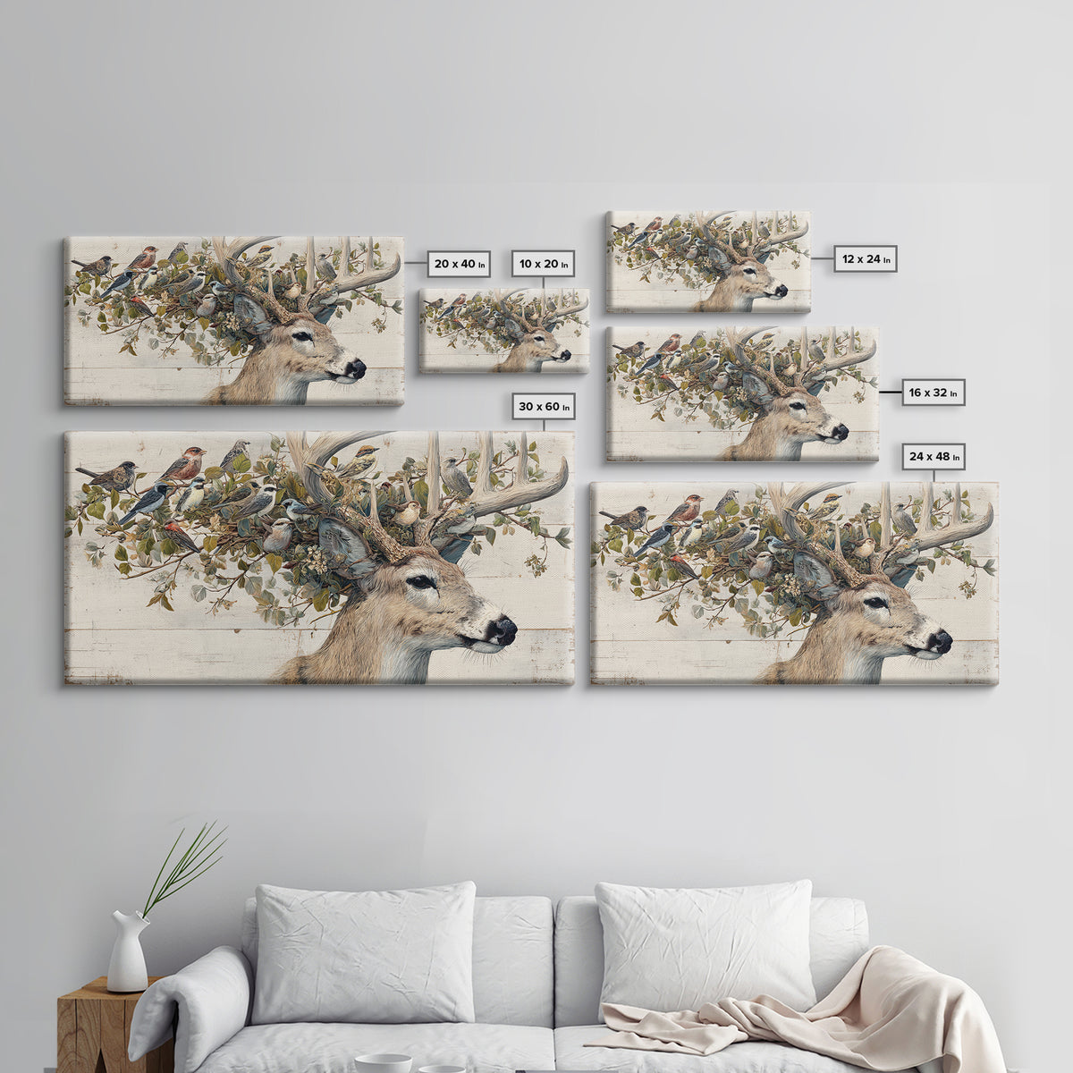 Deer with Antlers Full of Birds Framed Canvas Print, Whimsical Art, Nursery Wall Decor, Living Room Decor, Fine Art, Wonder, WHI-2x1-87