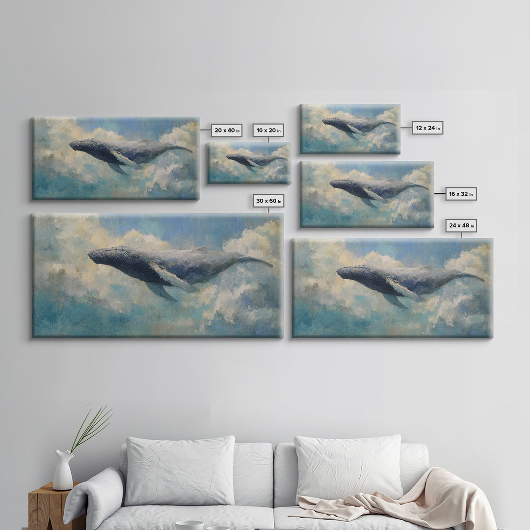 Whale Flying Through Clouds Like Ocean Framed Canvas Print, Whimsical Art, Art Print, Living Room Decor, Fine Art, Wonder, WHI-2x1-9