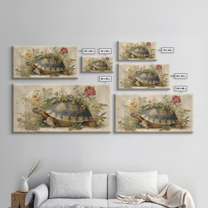 Turtle with Garden Growing on Shell Framed Canvas Print, Whimsical Art, Printable Wall Art, Living Room Decor, Fine Art, Wonder, WHI-2x1-90