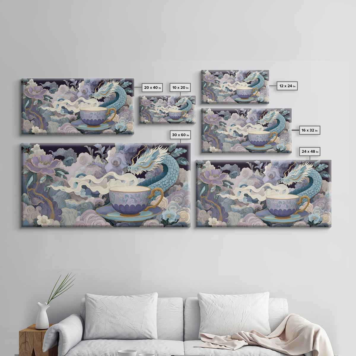 Dragon Curled Around a Teacup Framed Canvas Print, Whimsical Art, Whimsical, Living Room Decor, Oil Painting, Wonder, WHI-2x1-92