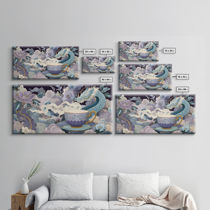 Dragon Curled Around a Teacup Framed Canvas Print, Whimsical Art, Whimsical, Living Room Decor, Oil Painting, Wonder, WHI-2x1-92