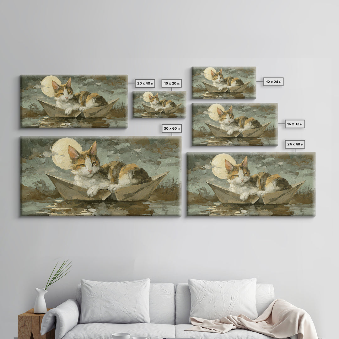 Cat Sailing a Paper Boat Canvas Print, Whimsical Art, Oil Painting, Living Room Decor, Fine Art, Wonder, Dark Academia Decor, WHI-2x1-94