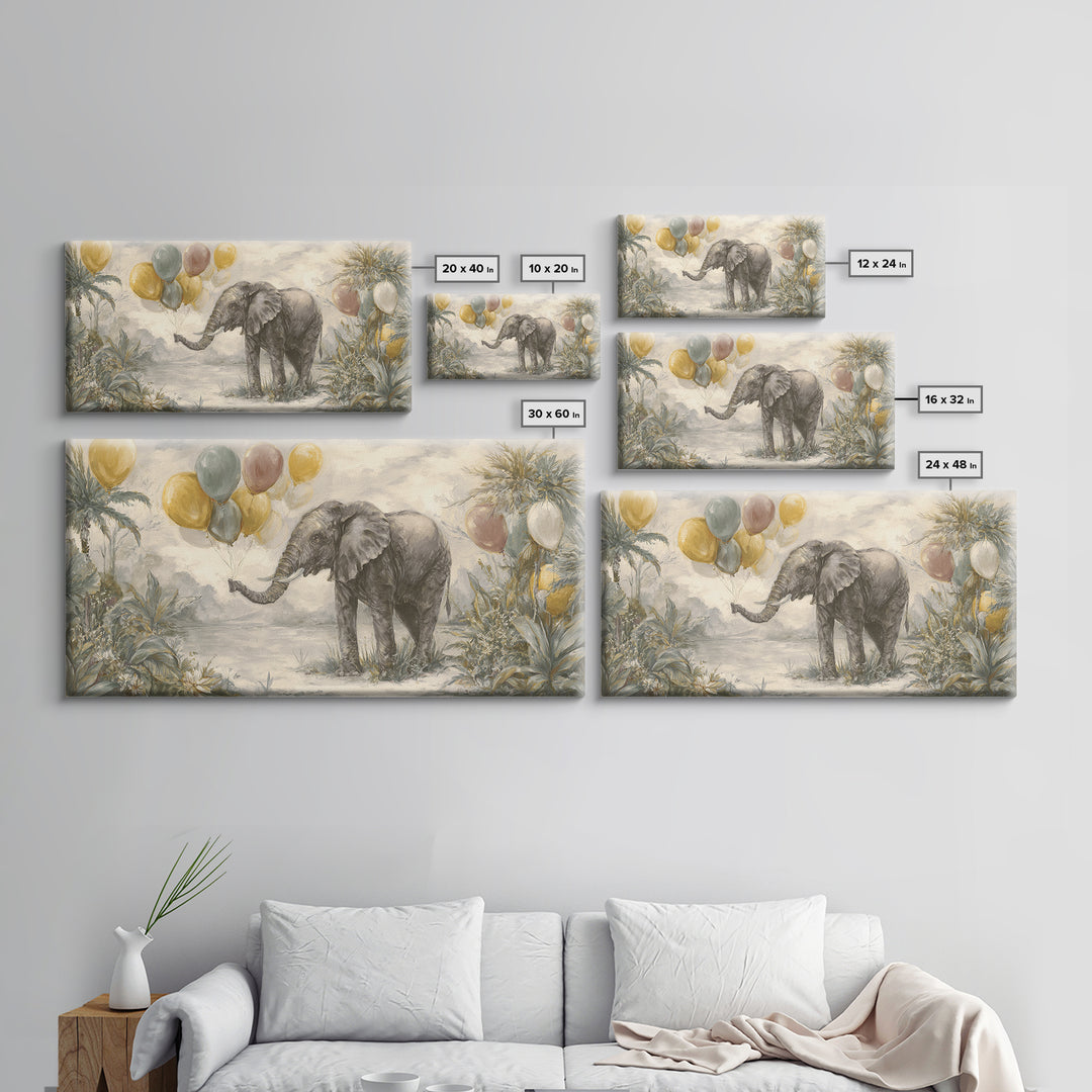 Elephant Holding Balloons Framed Canvas Print, Whimsical Art, Neutral Decor, Living Room Decor, Fine Art, Wonder, Home Decor, WHI-2x1-95