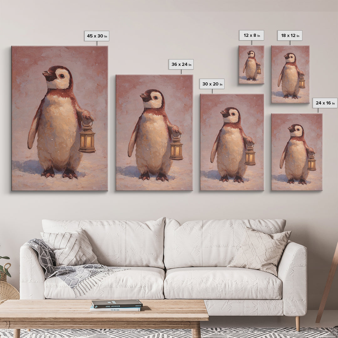 Penguin Holding a Lantern Framed Canvas Print, Whimsical Art, Oil Painting, Living Room Decor, Wonder, Dark Academia Decor, WHI-2x3-1